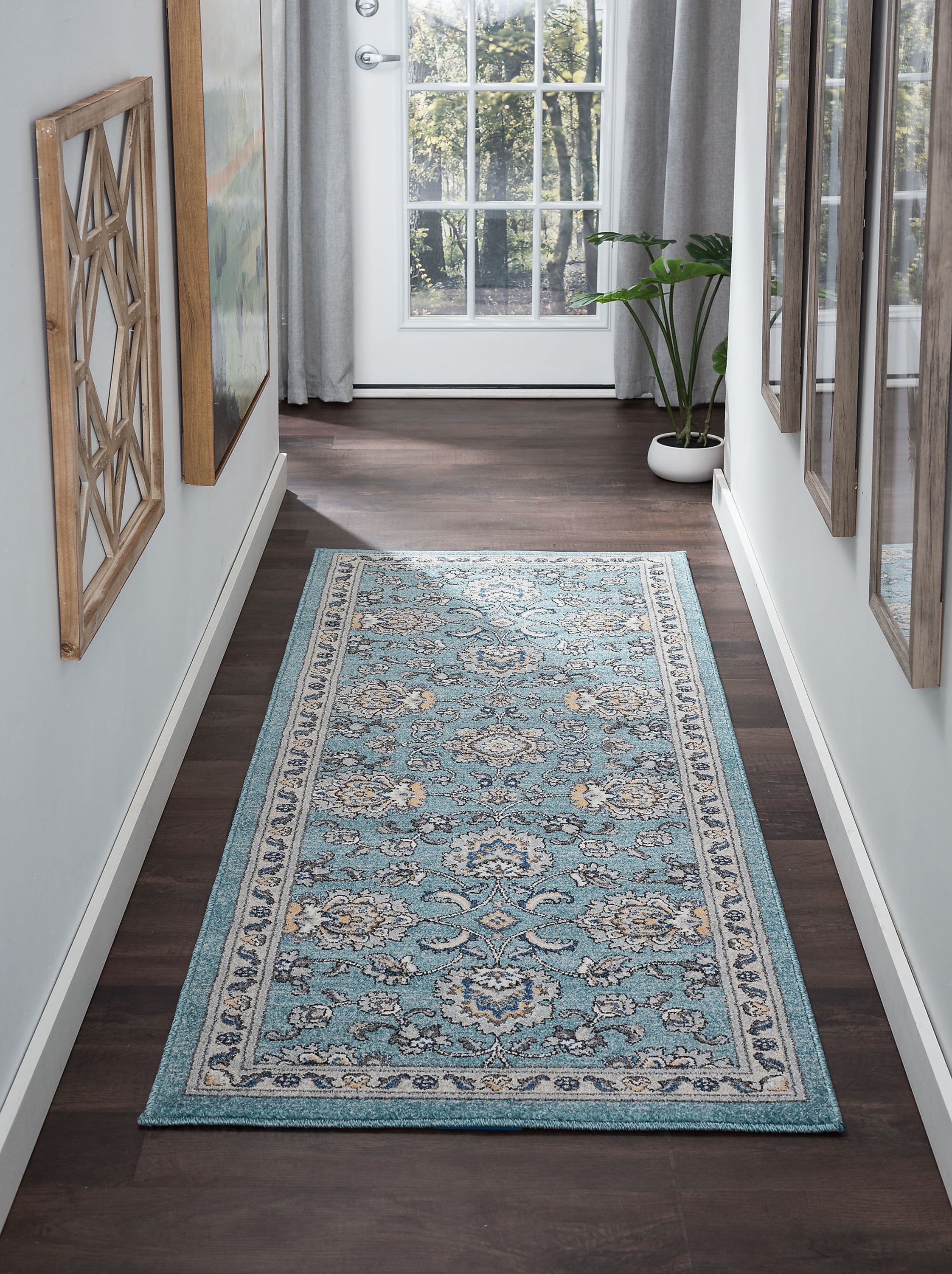 Traditional 2x8 Area Rug (2'7'' x 7'3'') Oriental Aqua, Gray Indoor Runner Easy to Clean