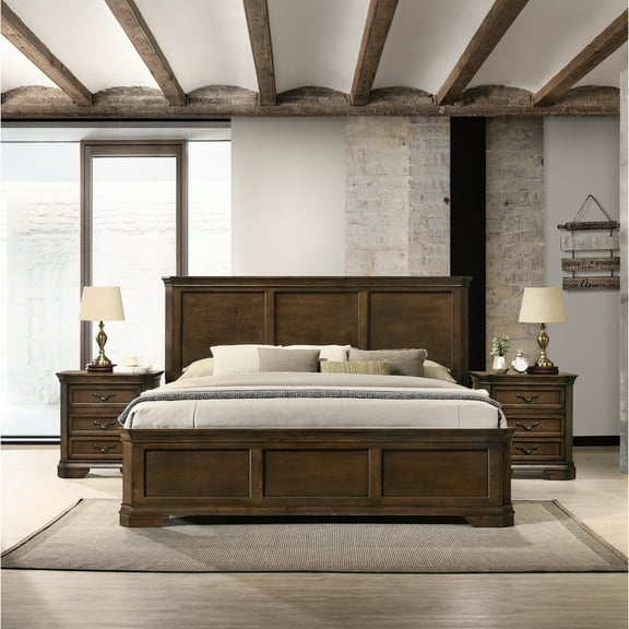 Traditional 3 Bedroom : Queen Size Bed & Nightstands, Brown Panel Nightstands In Classic Antique Finish