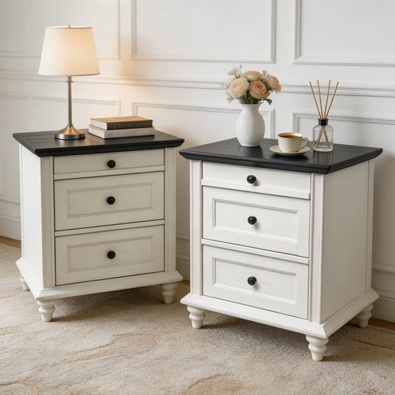 Traditional 3 Drawers Nightstand Set of 2, Solid Wood Leg Bedside Tables with Large Tabletops, Two-Tone Finish Accent Furniture for Bedroom, Living Room, White