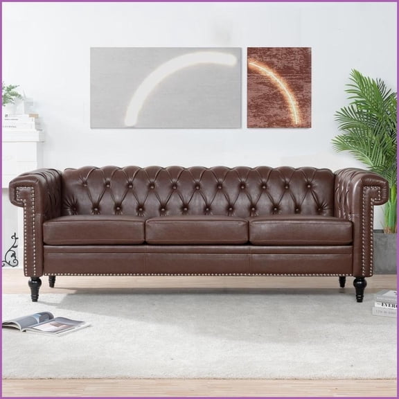 83.66 Traditional 3-Seater Sofa with Removable Cushions | Brown | PU Upholstery | Solid Wood Frame Easy Clean Living Room Furniture
