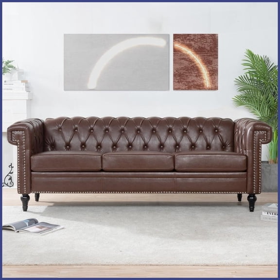 Traditional 3-Seater PU Leather Sofa with Removable Cushions - 83.7" Wide for Living Room Comfort