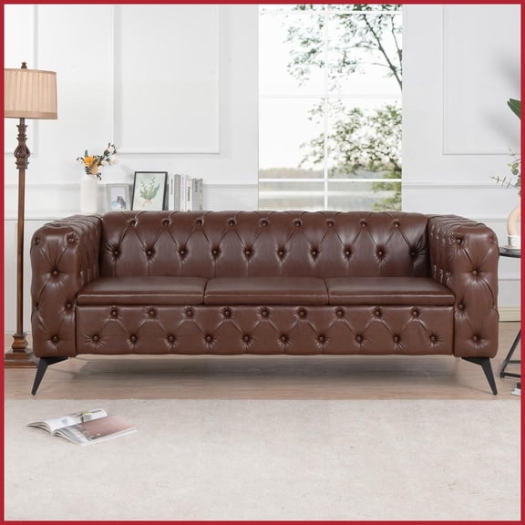 Traditional 3-Seater PU Sofa with Removable Cushions - 84 Wide Living Room Furniture with Pocket Spring Comfort