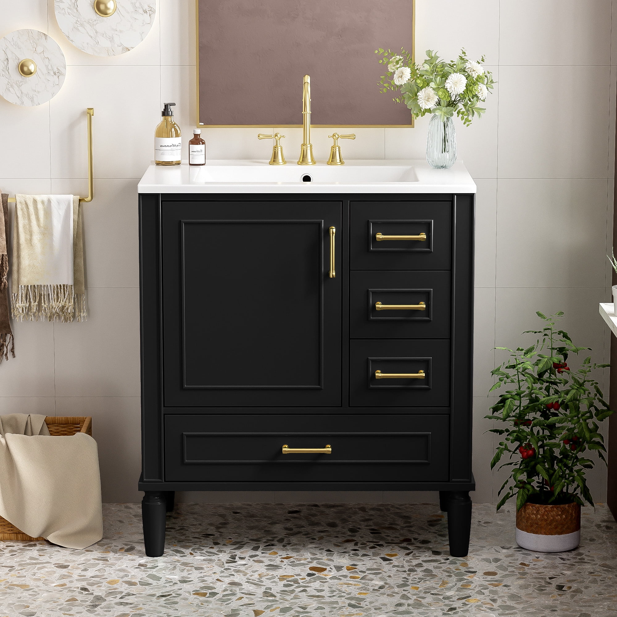 Traditional 30" Black Bathroom Vanity Set, Floor Standing, with Three ...