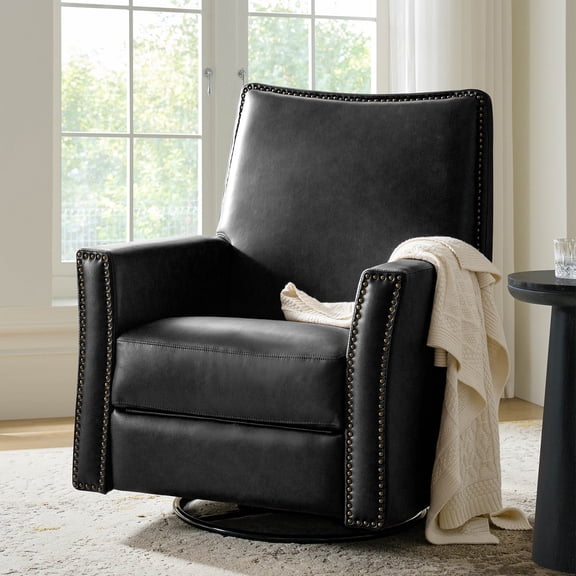 Traditional 360°Swivel Recliner Chair, Faux Leather Manual Push Back Recliner with Gliding Base, Nailhead Trim Accent, Upholstered Rocking Recliner for Living Room & Nursery, Black