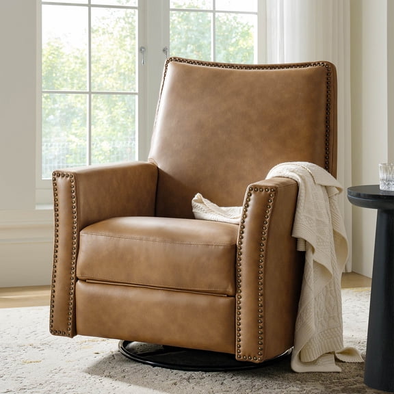 Traditional 360°Swivel Recliner Chair, Faux Leather Manual Push Back Recliner with Gliding Base, Nailhead Trim Accent, Upholstered Rocking Recliner for Living Room & Nursery, Camel