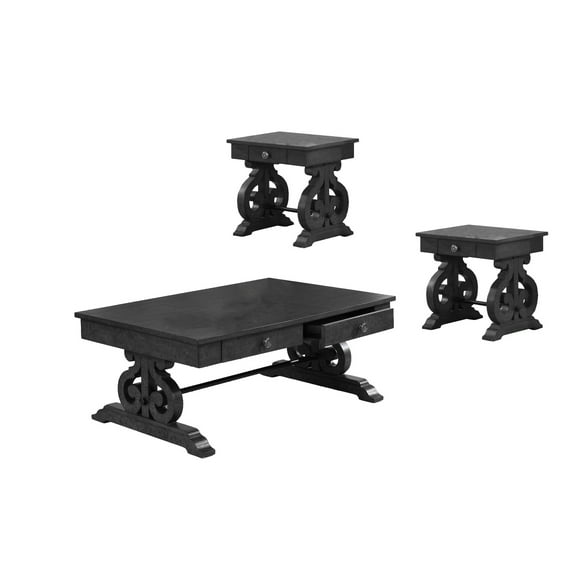 Traditional 3pc Coffee Table Set in Rustic Dark Gray Wood with Drawer Storage