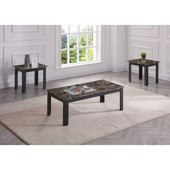 Traditional 3pc Set - Rectangular Coffee Table & Square End Tables, Wooden Legs & Faux Marble Top with Brown Finish