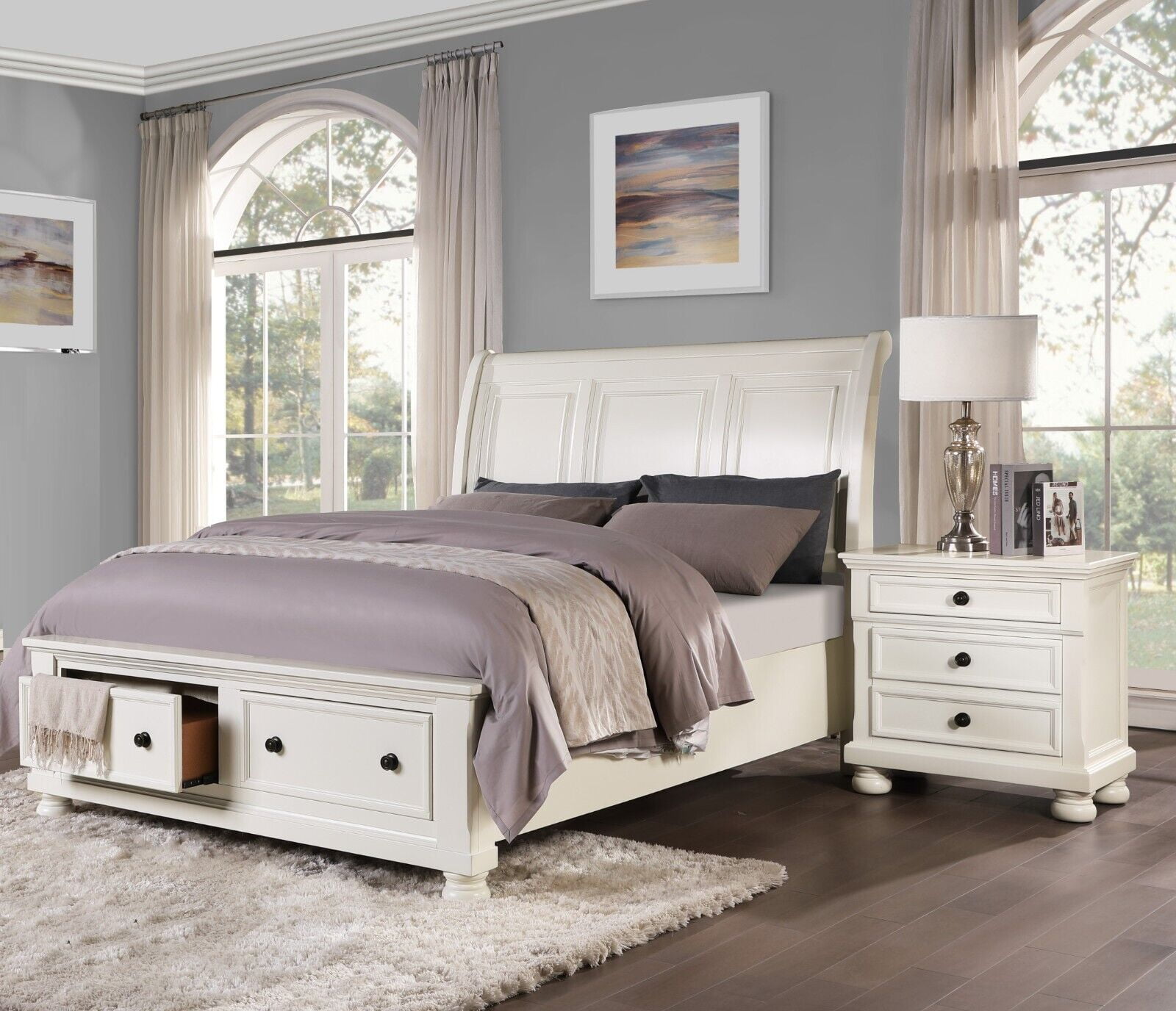 Traditional 3pc White Bedroom King Bed and Two Nightstands Set Wooden Furniture Platform Bed w ...