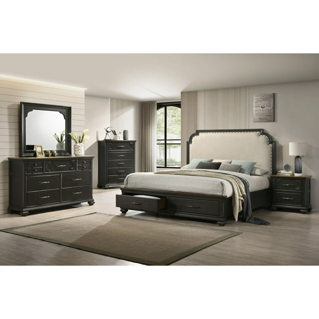 Traditional 4Pc King Size Storage Platform Bed Set Gray Finish Solid Wood Master Bedroom Furniture