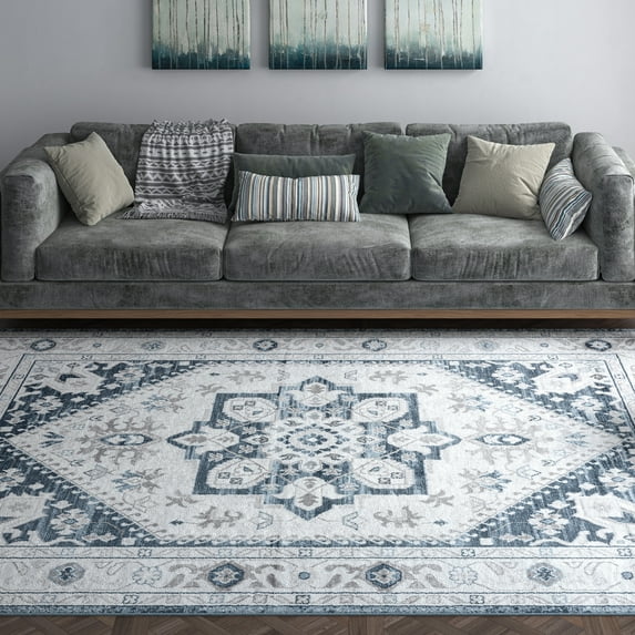 Traditional 4x6 Area Rug (4' x 5'3'') Medallion White, Blue Indoor Rectangle Easy to Clean