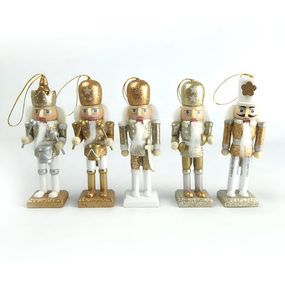 Traditional 5" White and Gold Wooden Nutcrackers Set of 5 - Wooden Nutcracker Christmas Decorations