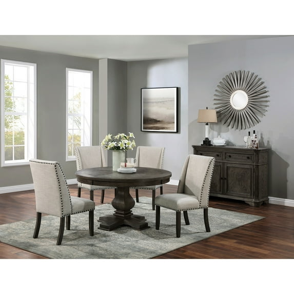 Traditional 5pc Dining : Round Table With Pedestal, 4 Upholstered Cushion Chairs, Oak Finish For Area Formal And Side Pedestal Base, Finish, Wingback Design Cushions Room