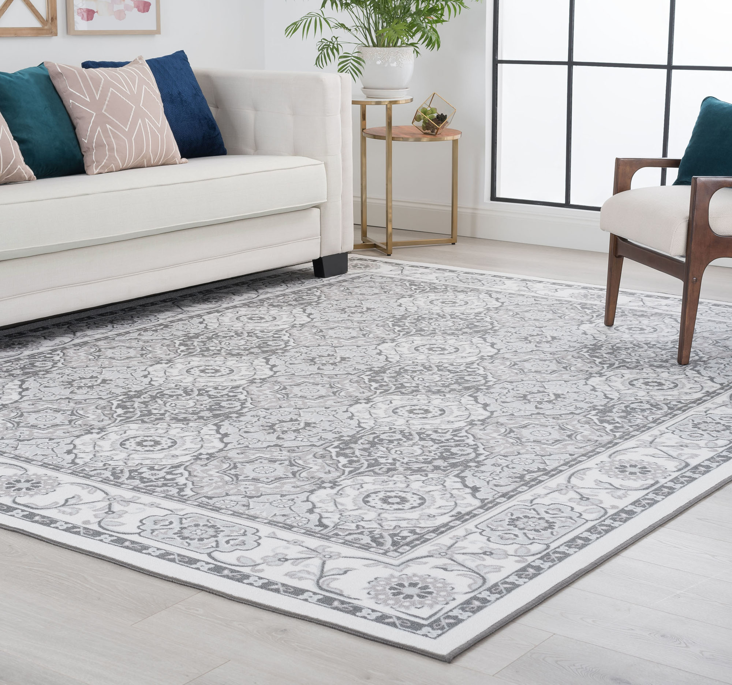 Traditional 5x7 Area Rug (5'3'' x 7'3'') Oriental Ivory, Gray Living Room Easy to Clean