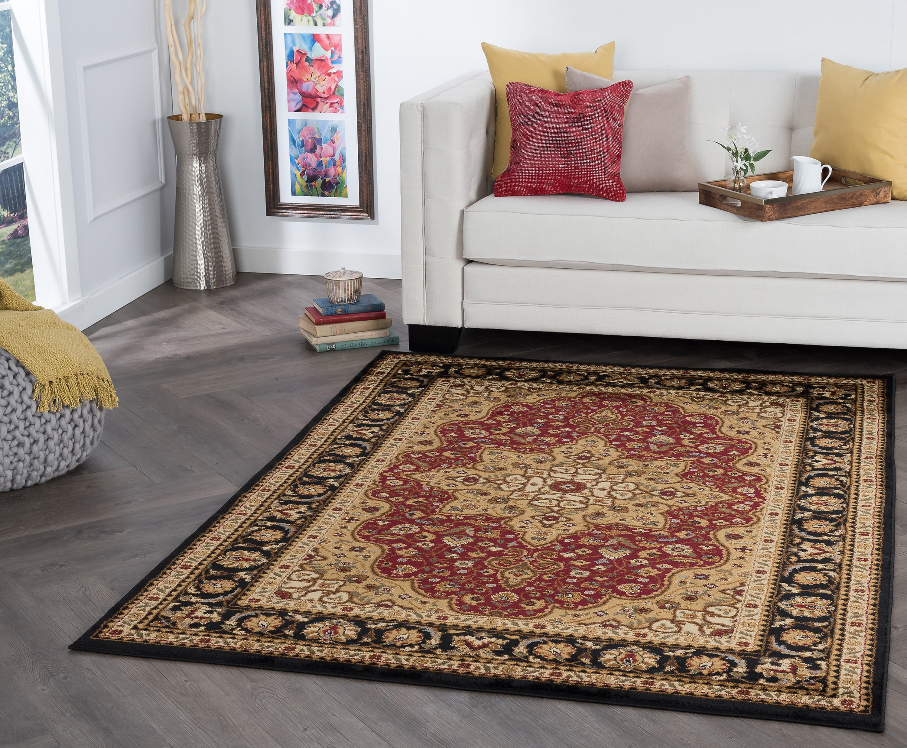 Traditional 5x7 Area Rug (5' x 7') Oriental Red, Black Living Room Easy to Clean