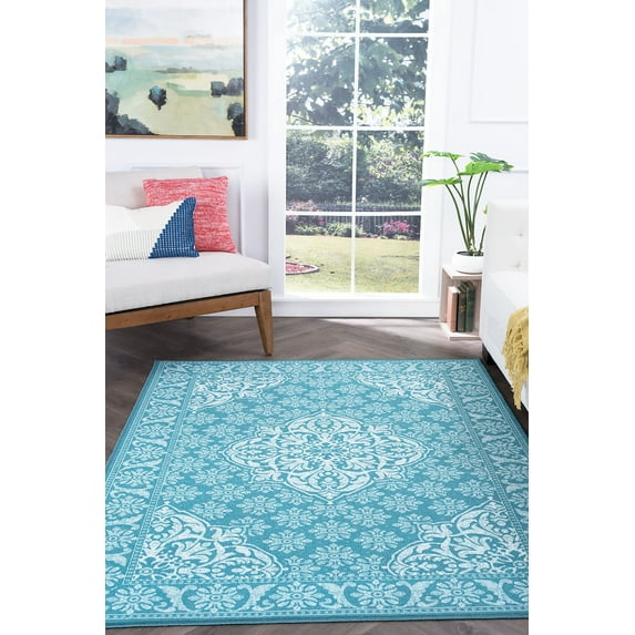 Traditional 5x7 Area Rug (5' x 7') Oriental Teal, White Living Room Easy to Clean