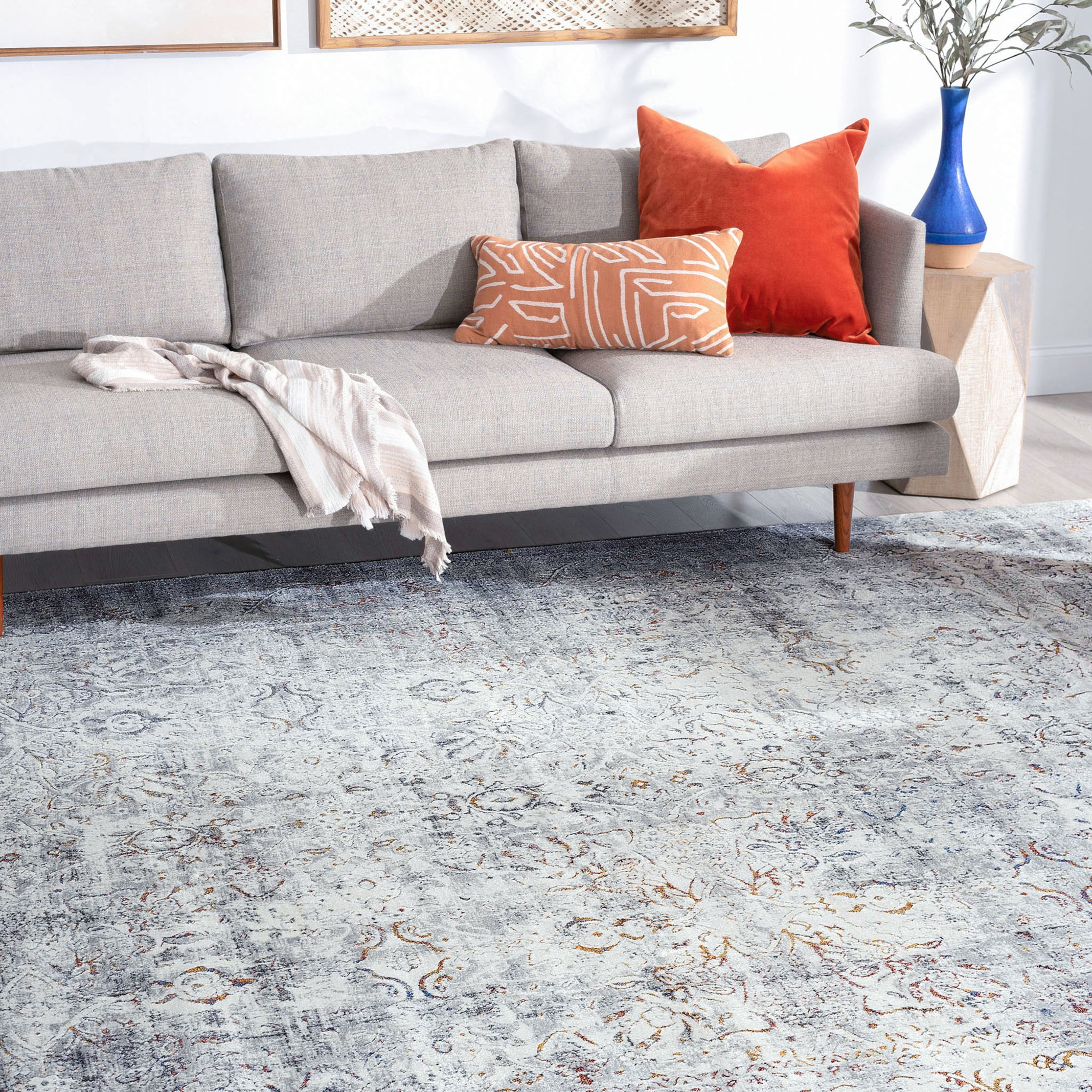 Traditional 5x8 Area Rug (5'3'' x 7'3'') Damask Gray, Teal Living Room Easy to Clean