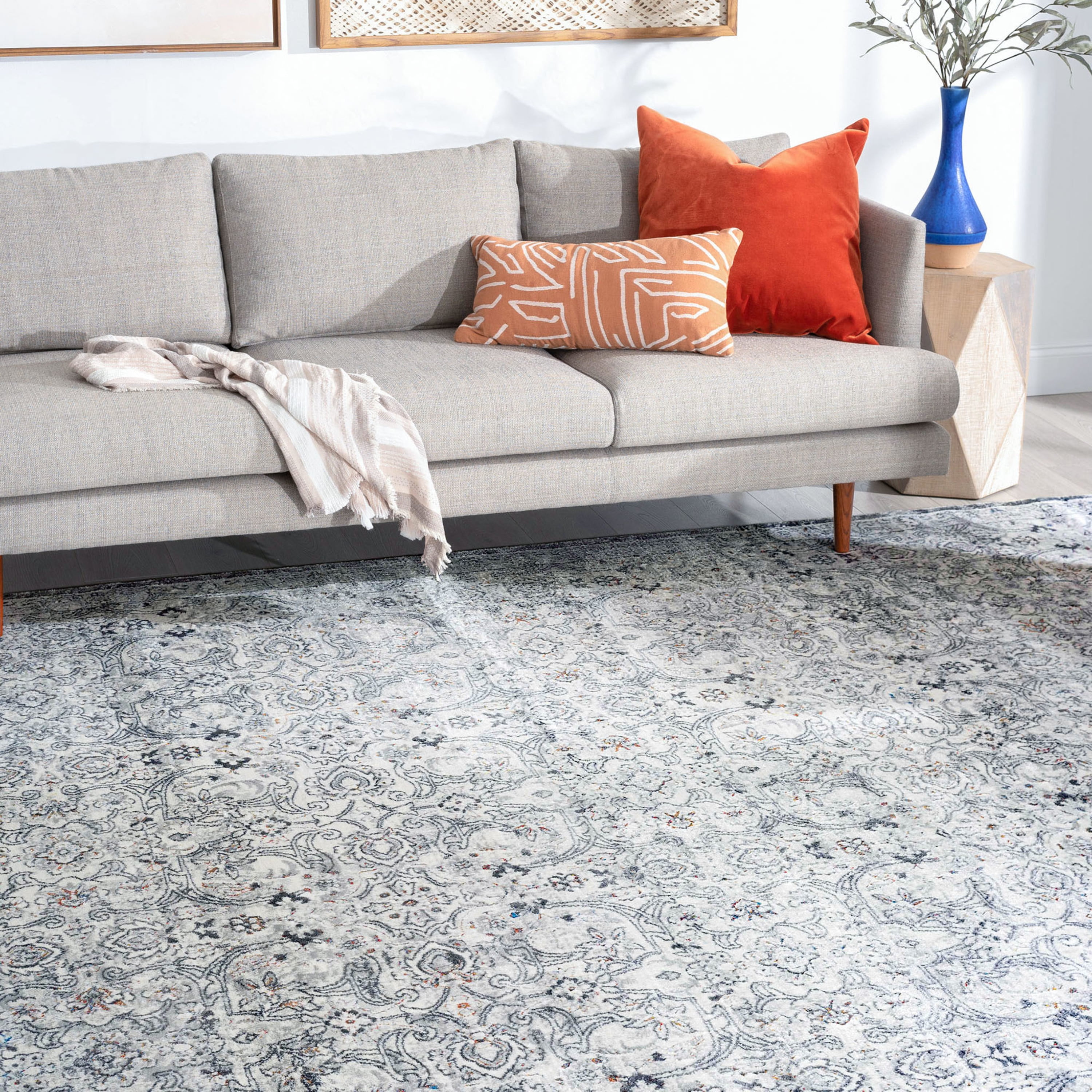 Traditional 5x8 Area Rug (5'3'' x 7'3'') Floral Gray, Teal Living Room Easy to Clean