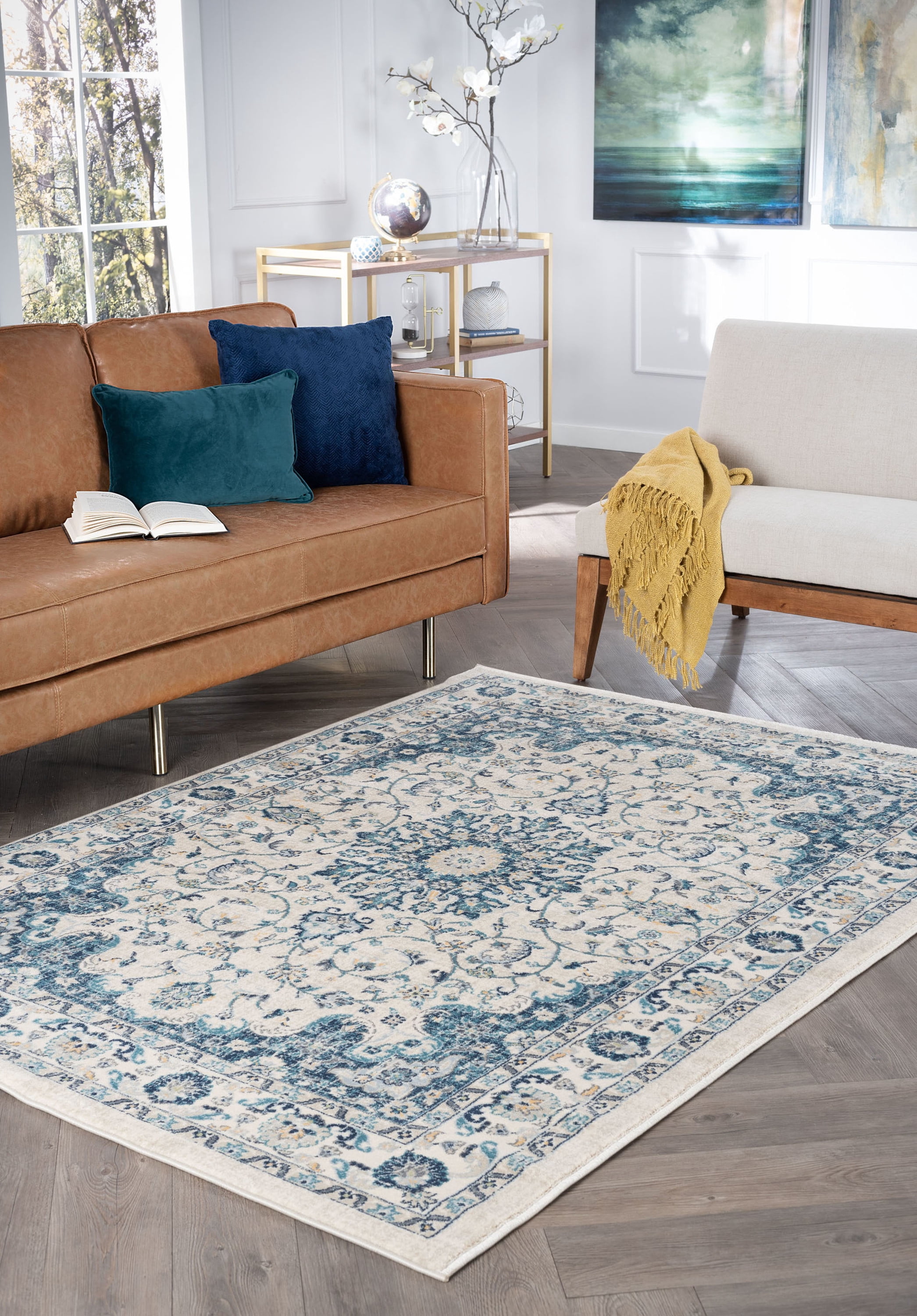 Traditional 5x8 Area Rug (5'3'' x 7'3'') Medallion Cream, Blue Living Room Easy to Clean