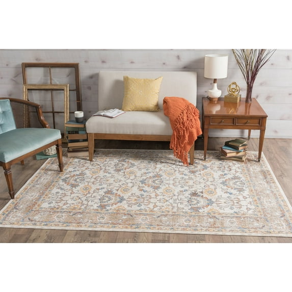 Traditional 5x8 Area Rug (5'3'' x 7'3'') Oriental Ivory, Blue Living Room Easy to Clean