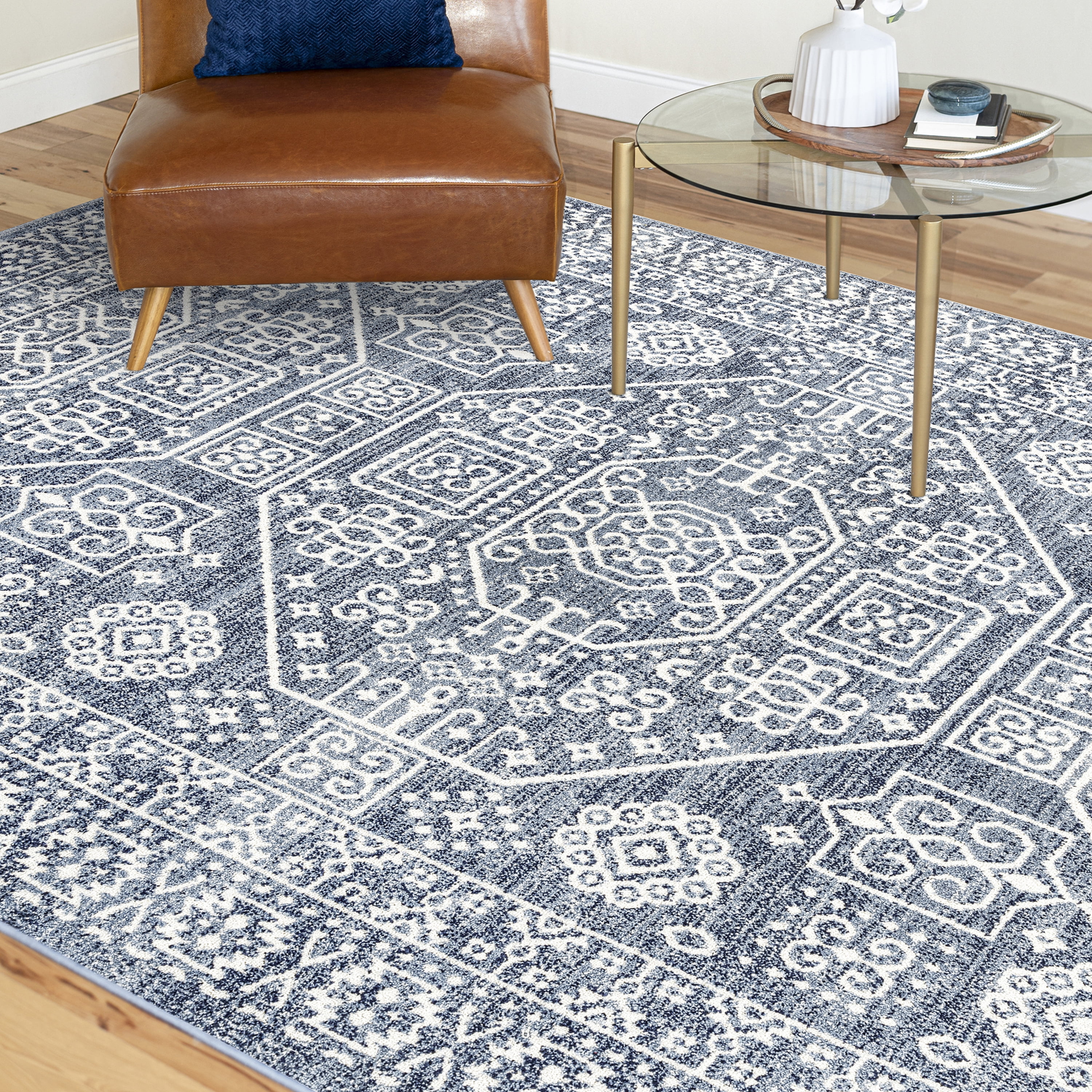 Traditional 5x8 Area Rug (5'3'' x 7'3'') Oriental Navy, Cream Living Room Easy to Clean