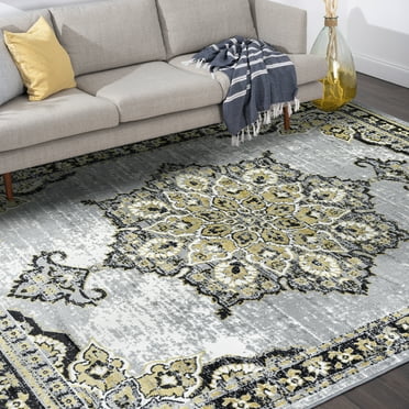 Traditional 5x8 Area Rug (5'3'' x 7'3'') Oriental Yellow, Gray Living Room Easy to Clean