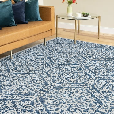 Traditional 5x8 Area Rug (5'3'' x 7'7'') Floral Blue, Cream Living Room Easy to Clean