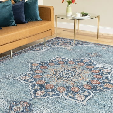 Traditional 5x8 Area Rug (5'3'' x 7'7'') Medallion Navy, Aqua Living Room Easy to Clean