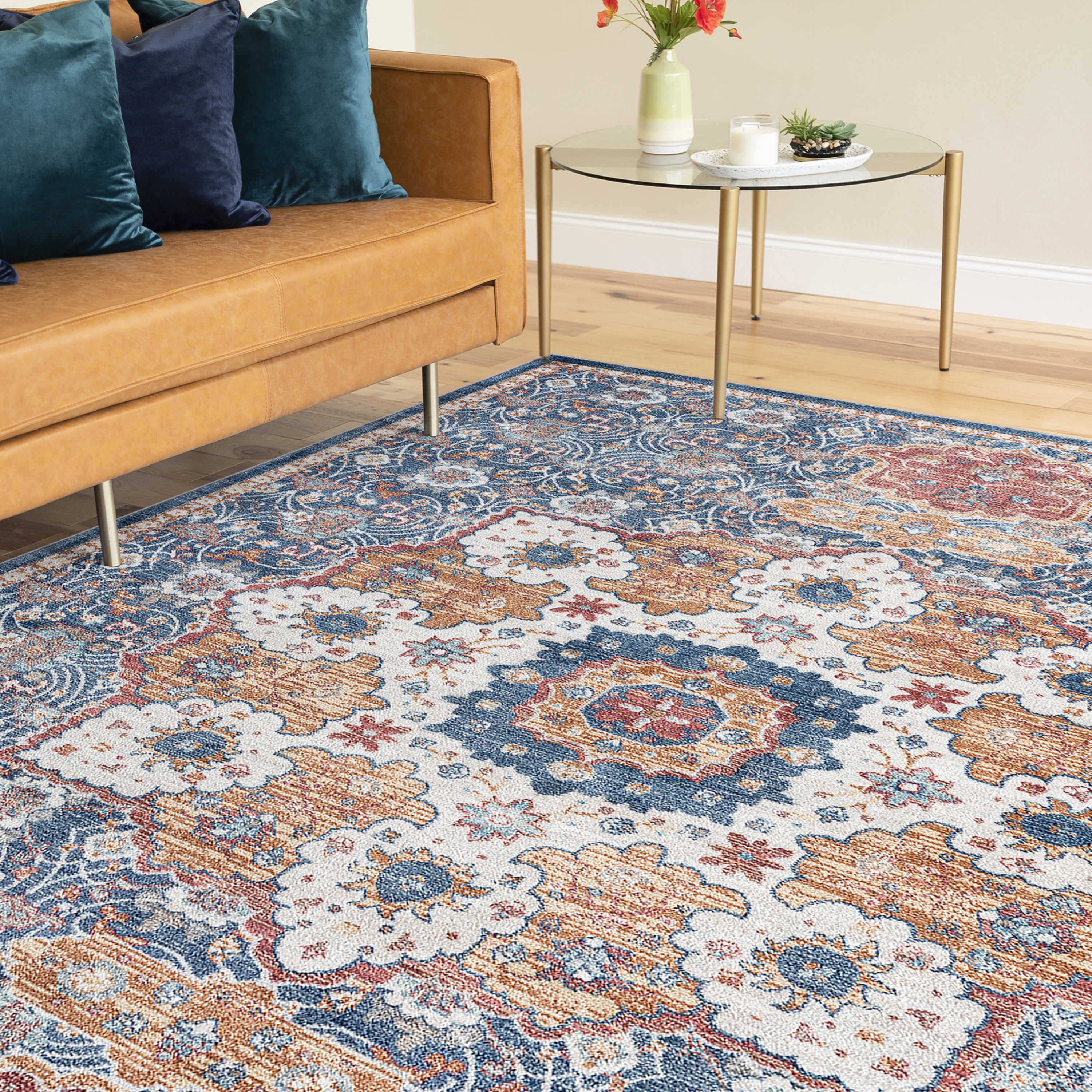 6' x 9' Blue Gold Green Red Orange \u0026 Purple Oriental Power Loom Stain  Resistant Area, image size:3000x3000