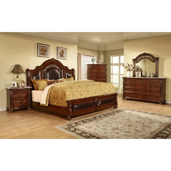 Traditional 6 Pc Cal King Size Bedroom Set, Solid Wood Bed Frame 2 Nightstands Dresser Mirror and Chest, Cherry Finish
