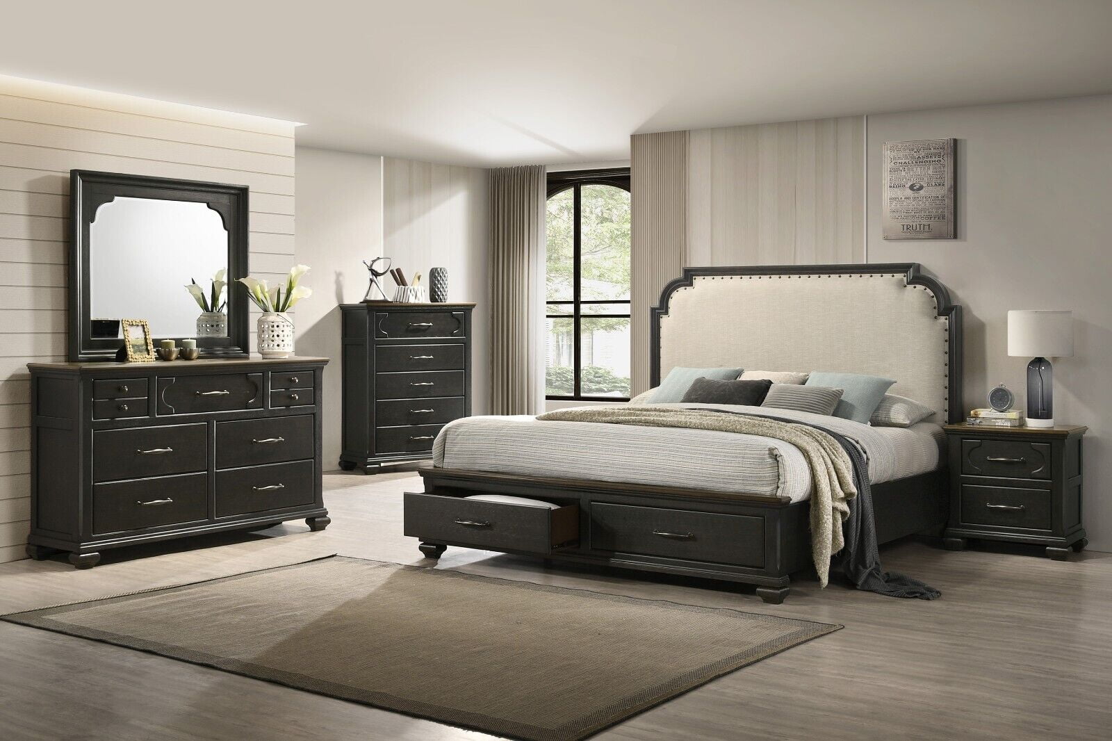 Traditional 6Pc King Size Storage Platform Bed Set Gray Finish Solid ...