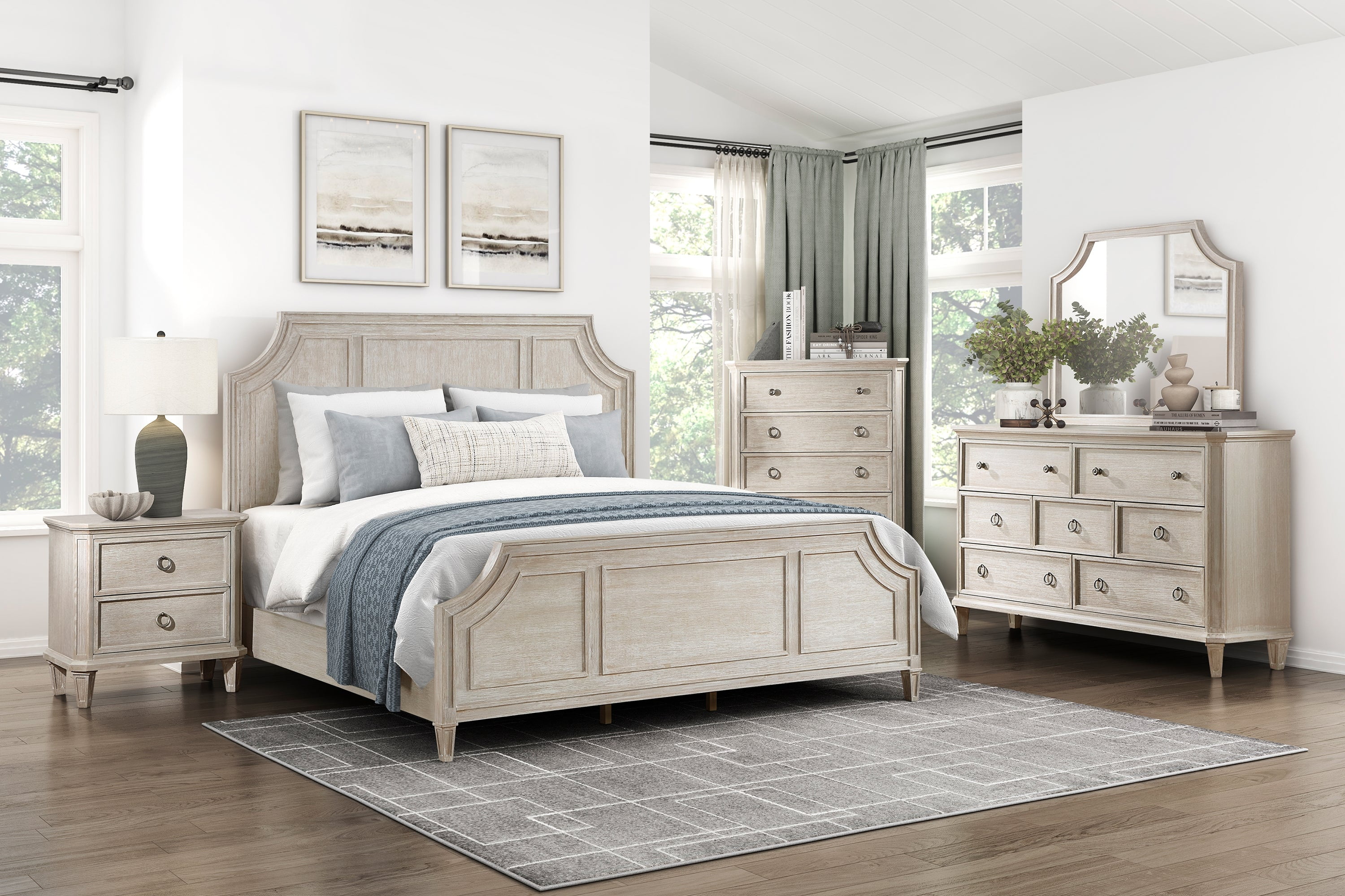 Traditional 6pc Bedroom King Set Bed Nightstands Dresser Mirror Chest Light  Brown Wooden Furniture Clipped Corners - Walmart Business Supplies
