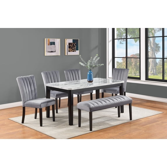 Traditional 6pc Dining Room Set Faux White Marble Table Top Upholstered Chair Bench Furniture