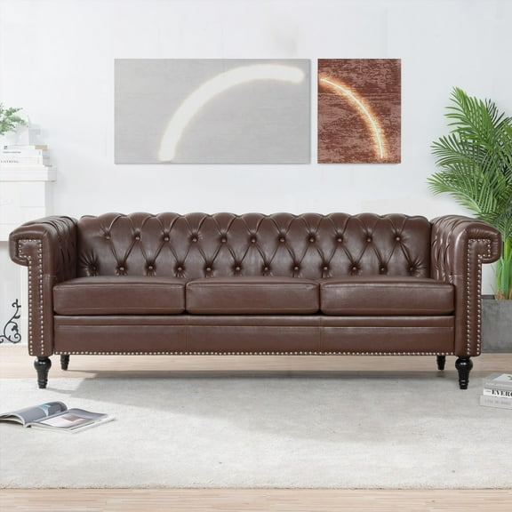 Traditional 83.66 Inch Width Square Arm 3 Seater Sofa Featuring Soft PU Leather and Strong Load-Bearing Structure
