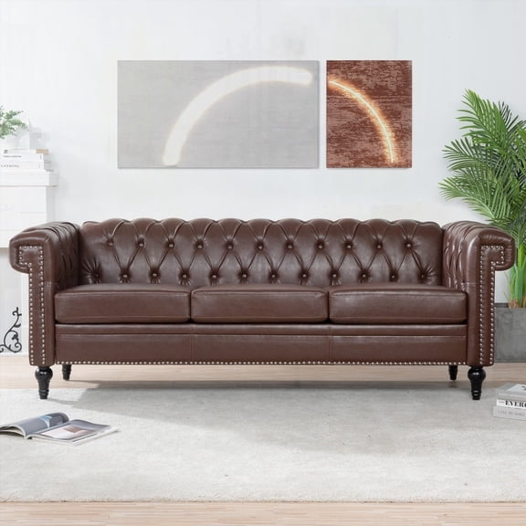 Modern Square Arm 3-Seater Sofa with Removable Cushion, 83.66 Inch Width, PU Cover