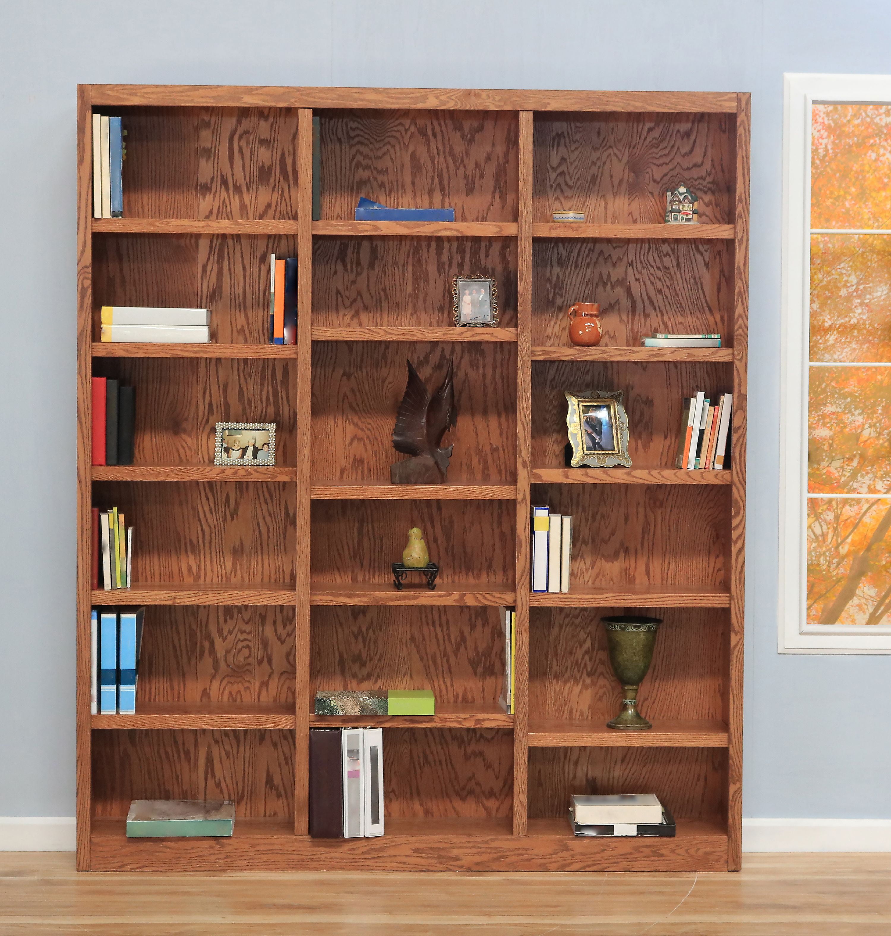 Traditional Dry Oak 84" Triple Wide 18-Shelf Bookcase