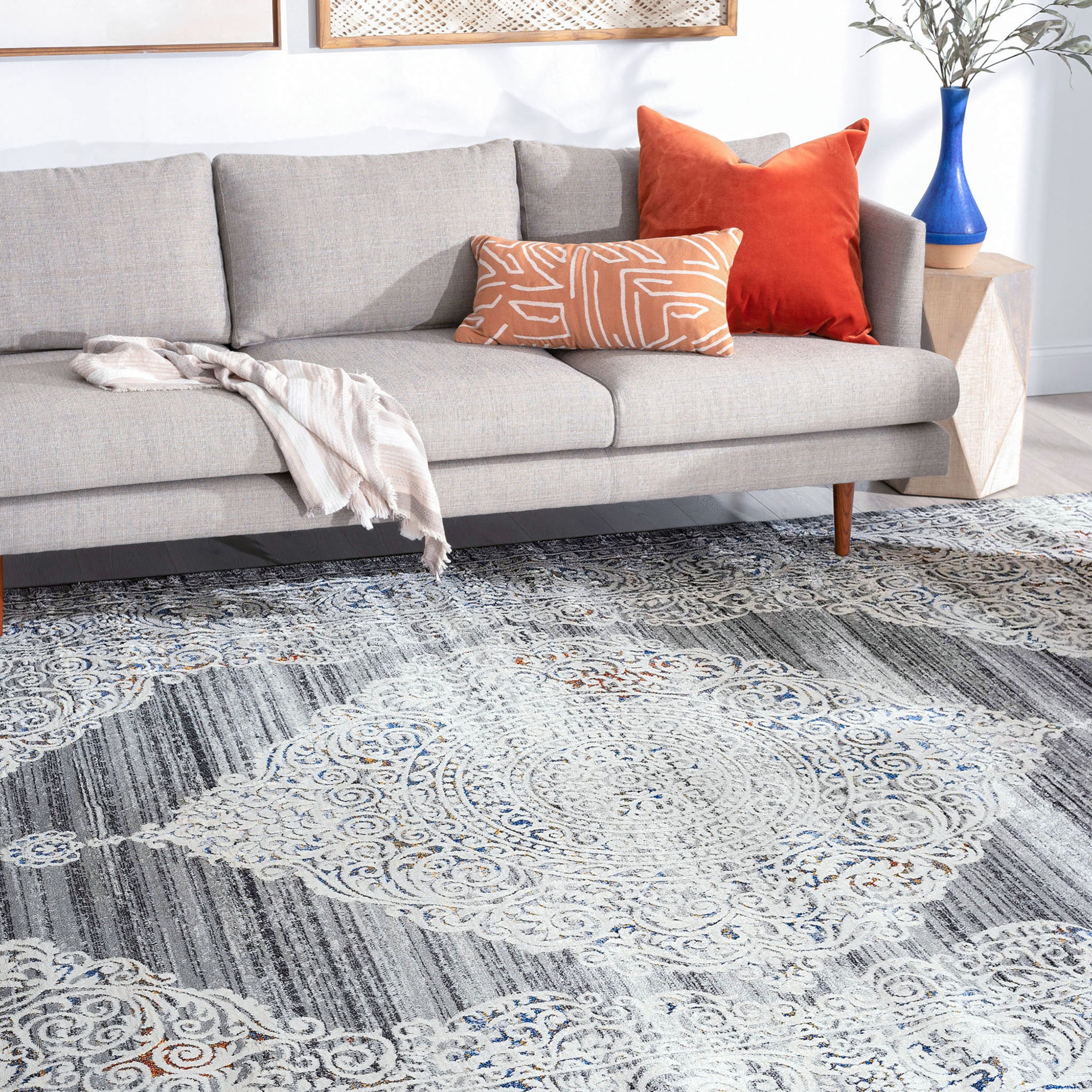 Traditional 8x10 Area Rug (7'10'' x 10'2'') Medallion Gray, Teal Living Room Easy to Clean