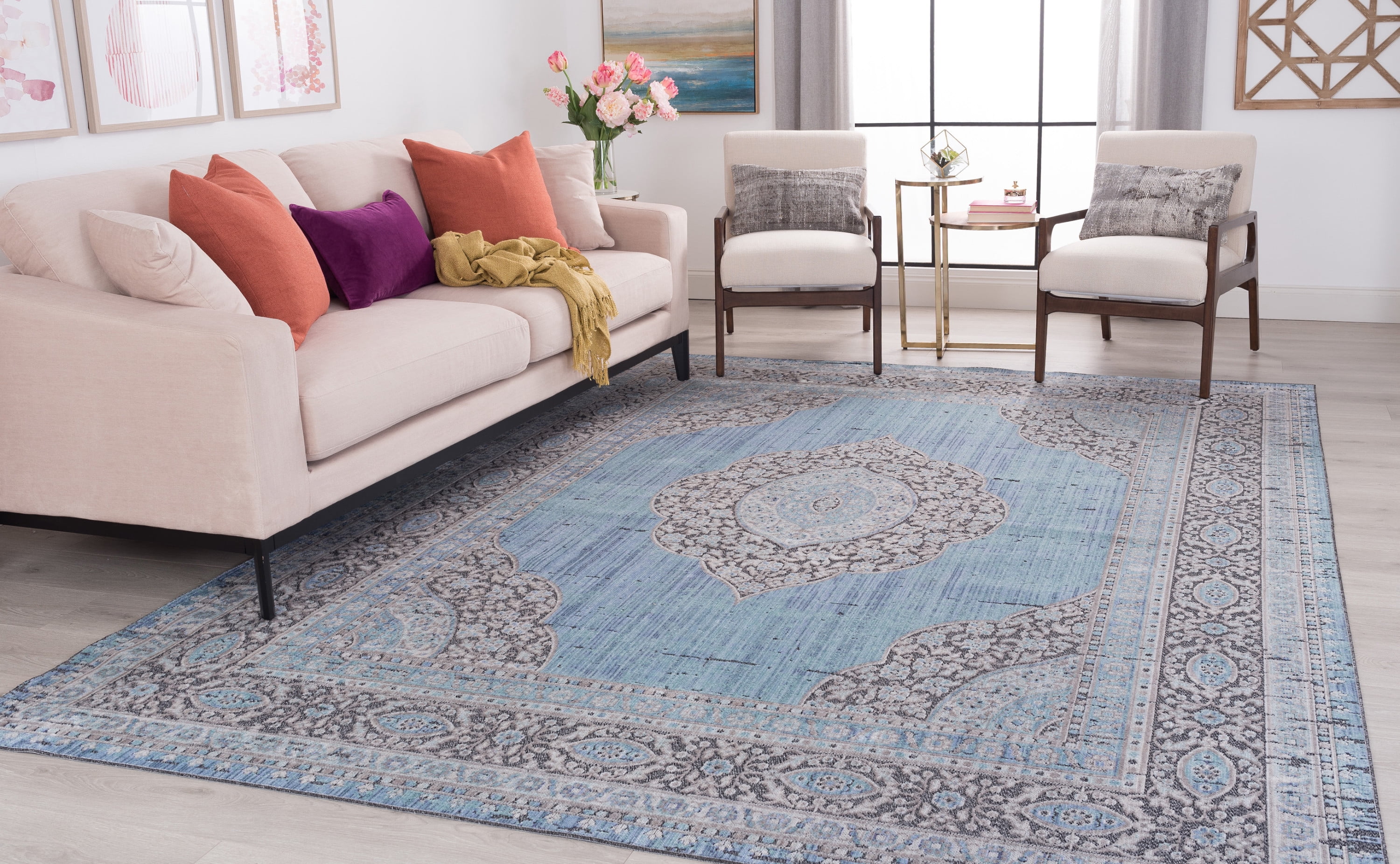 Traditional 8x10 Area Rug (7'10'' x 10'3'') Medallion Aqua, Cream Living Room Easy to Clean