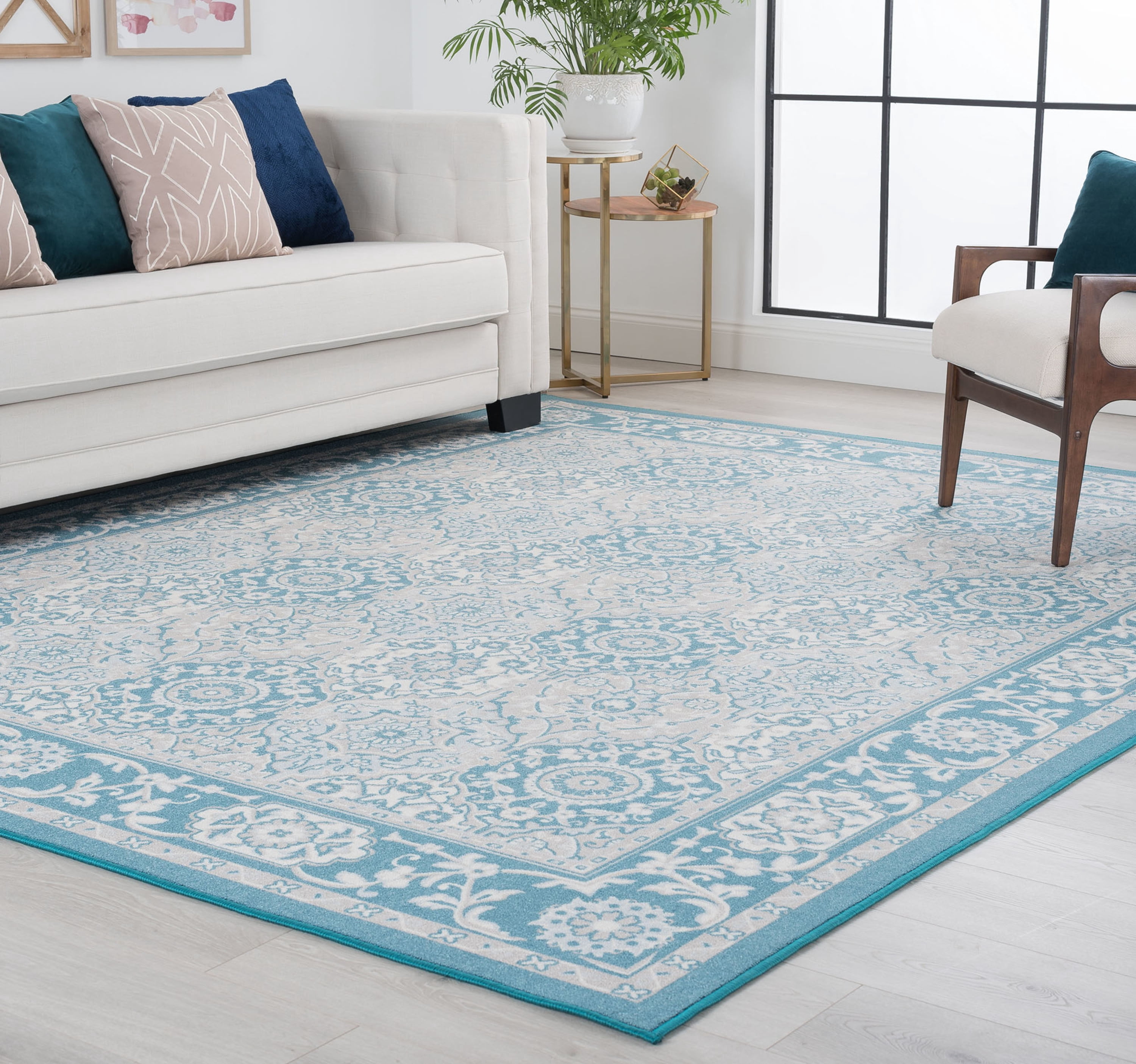 Traditional 8x10 Area Rug (7'10'' x 9'10'') Oriental Teal, Gray Living Room Easy to Clean