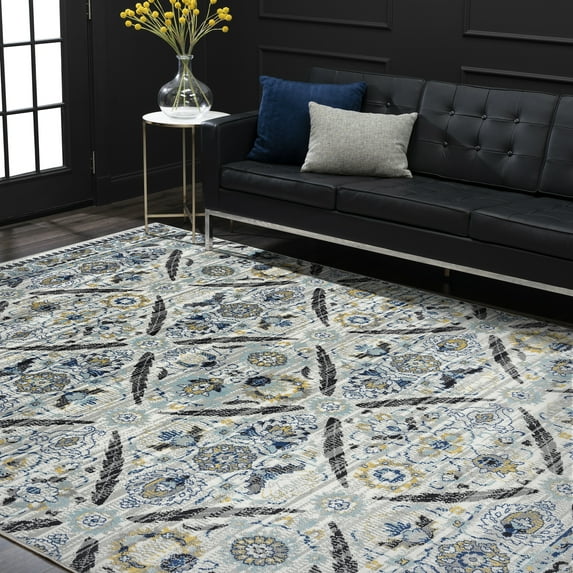 Traditional 8x10 Area Rug (7'11'' x 10'3'') Floral Cream, Blue Living Room Easy to Clean
