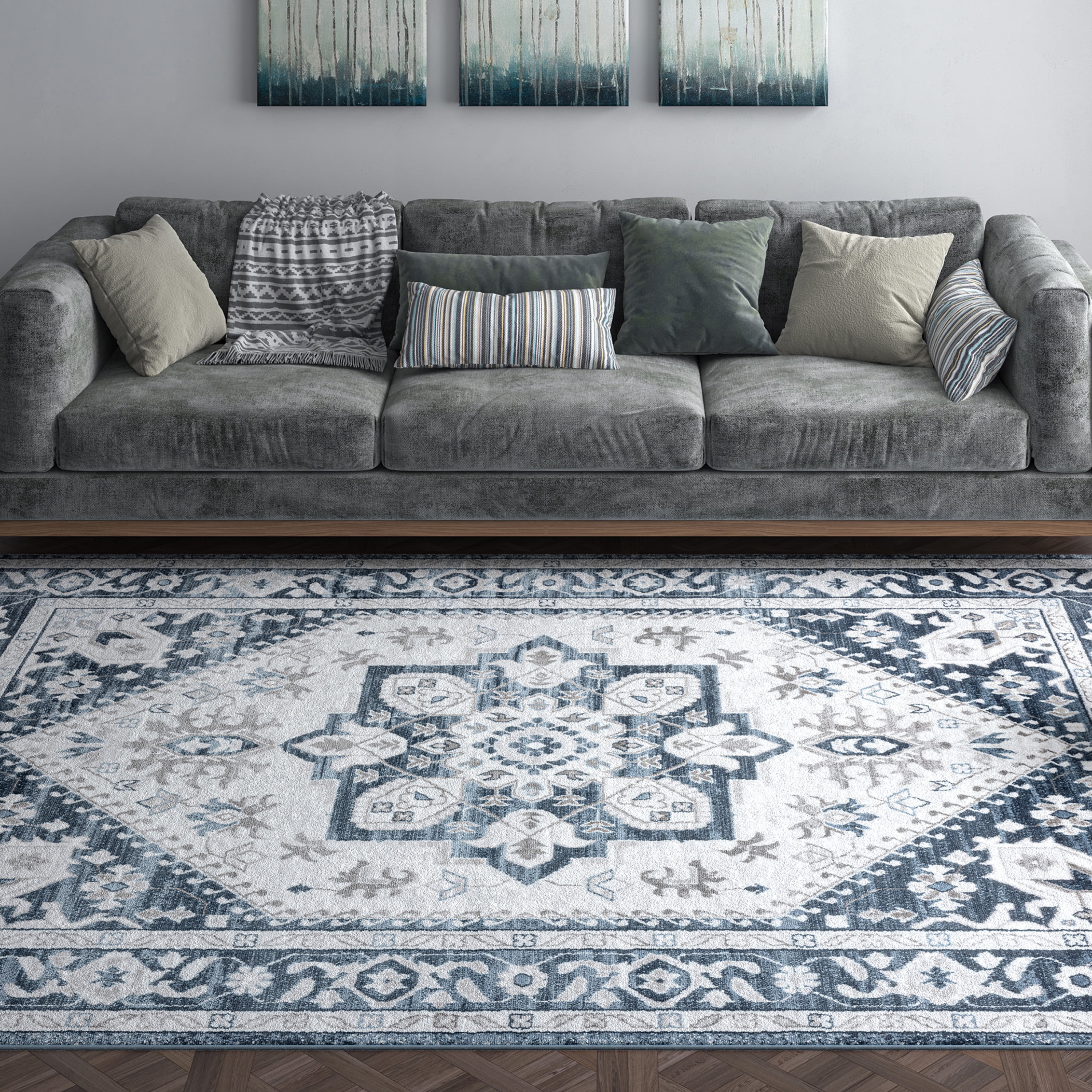 Traditional 8x10 Area Rug (7'11'' x 10'3'') Medallion Blue, White Living Room Easy to Clean