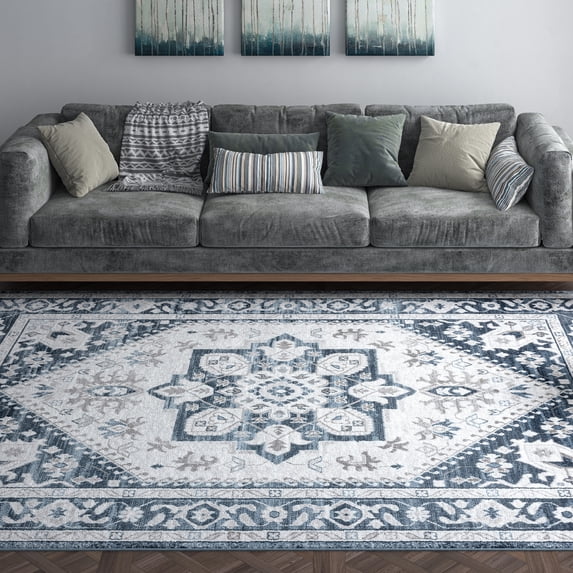 Traditional 8x10 Area Rug (7'11'' x 10'3'') Medallion Blue, White Living Room Easy to Clean