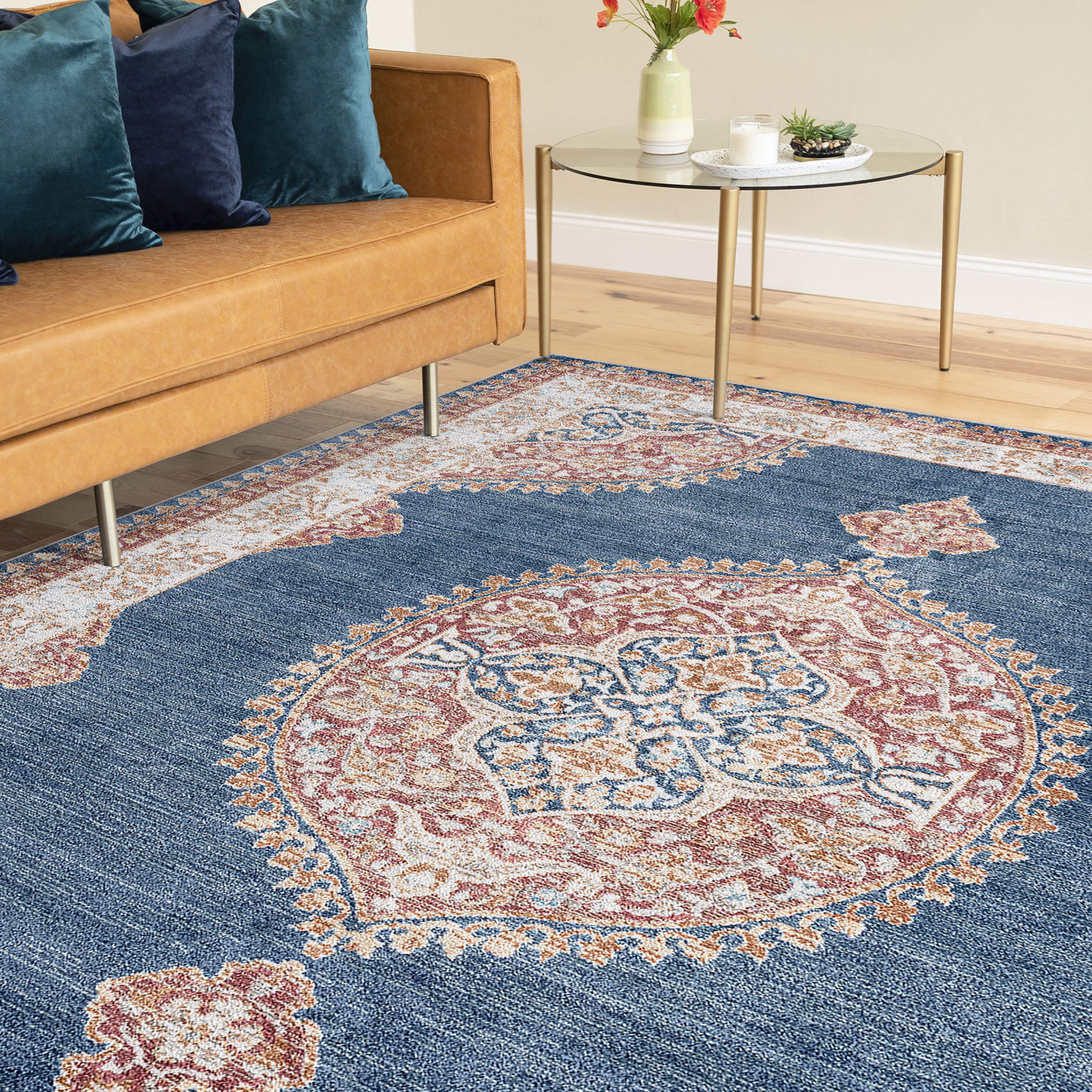 Traditional 8x10 Area Rug (7'11'' x 10'3'') Medallion Navy, Cream Living Room Easy to Clean