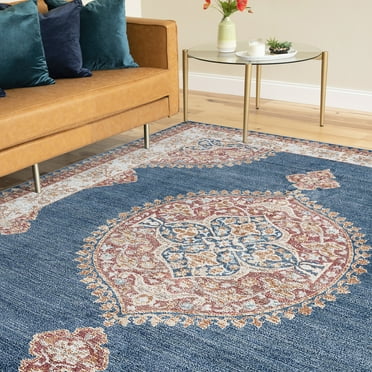 Traditional 8x10 Area Rug (7'11'' x 10'3'') Medallion Navy, Cream Living Room Easy to Clean
