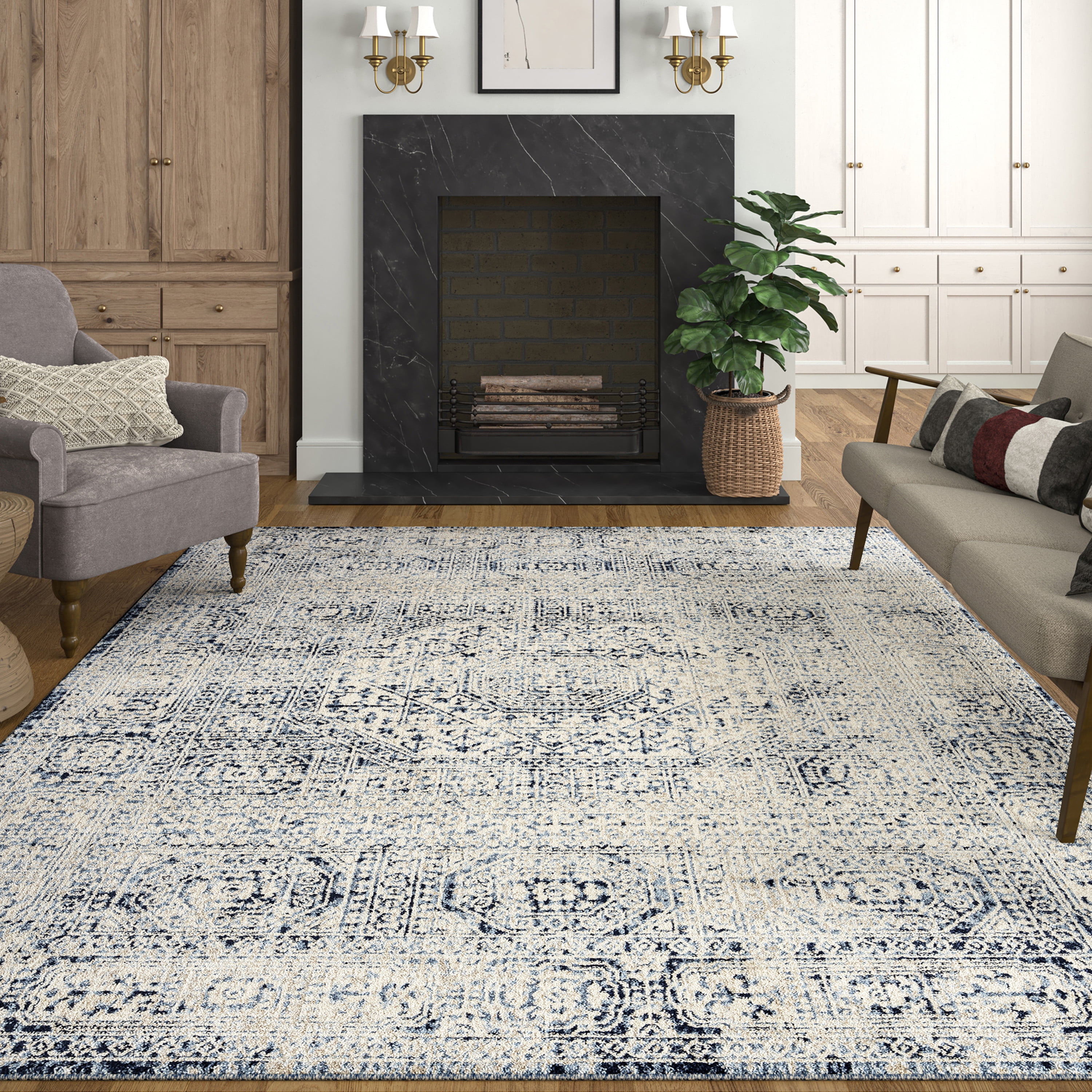 Traditional 8x10 Area Rug (7'11'' x 10'3'') Oriental Blue, Blue Living Room Easy to Clean