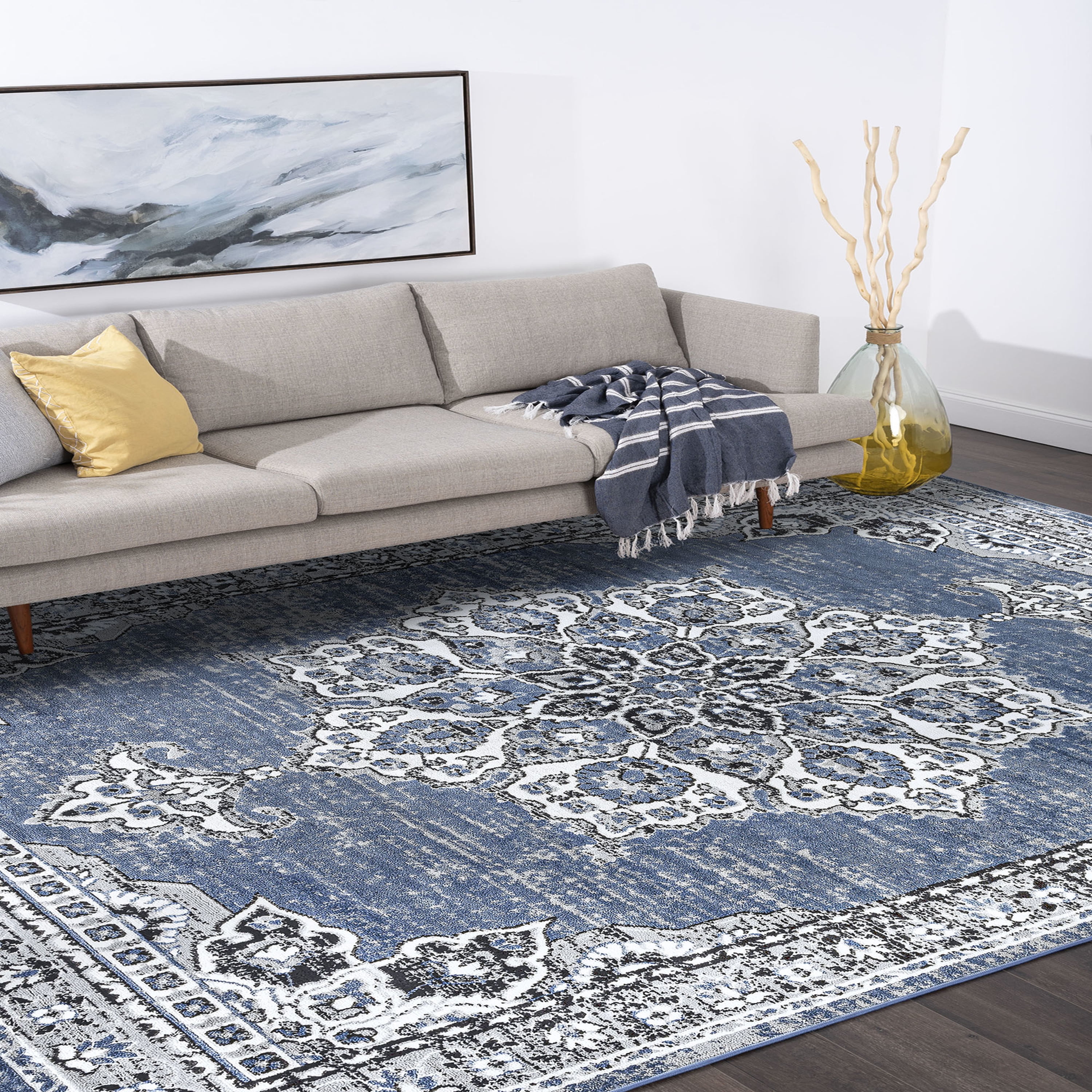 Traditional 8x10 Area Rug (7'11'' x 10'3'') Oriental Blue, White Living Room Easy to Clean