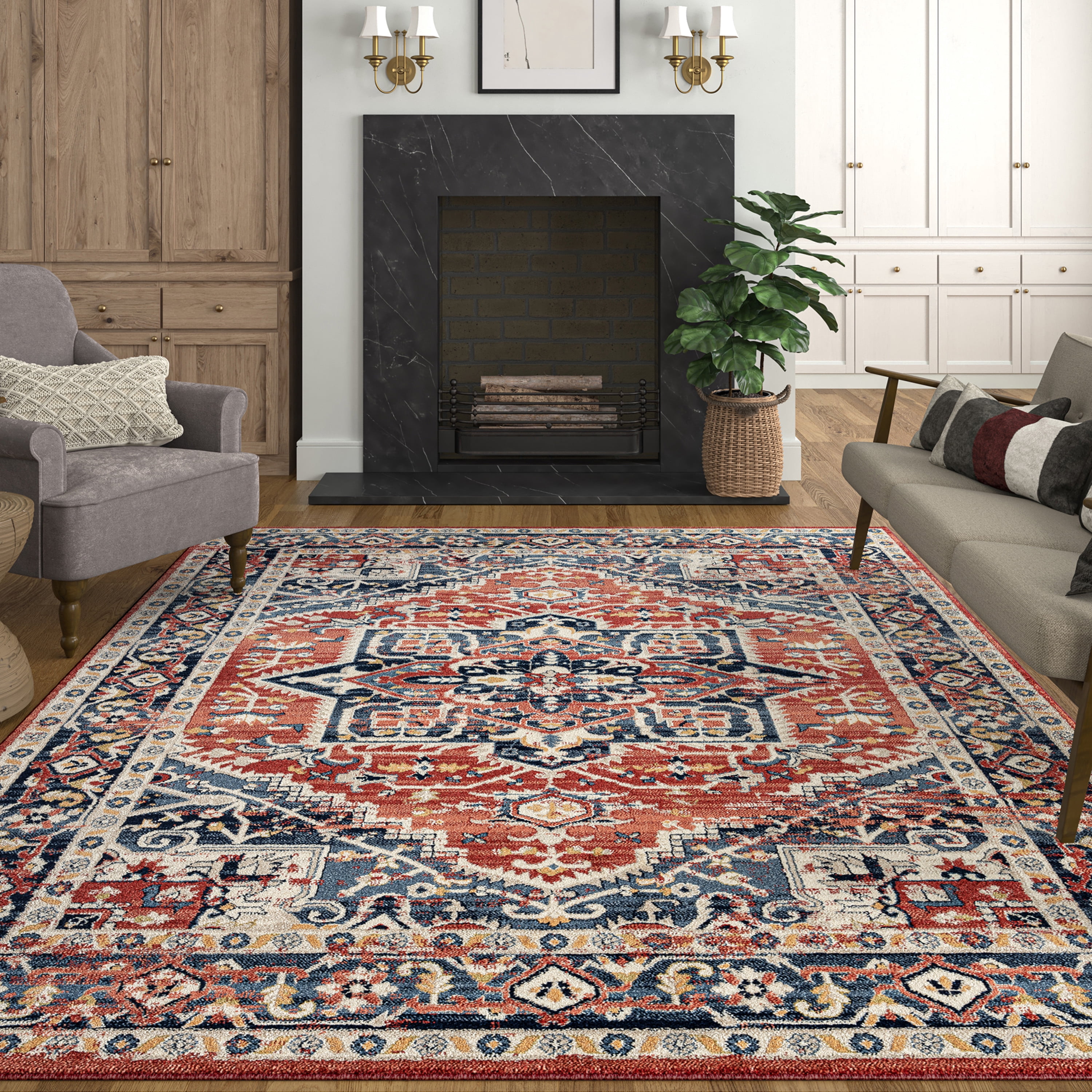 Traditional 8x10 Area Rug (7'11'' x 10'3'') Oriental Navy, Navy Living Room Easy to Clean