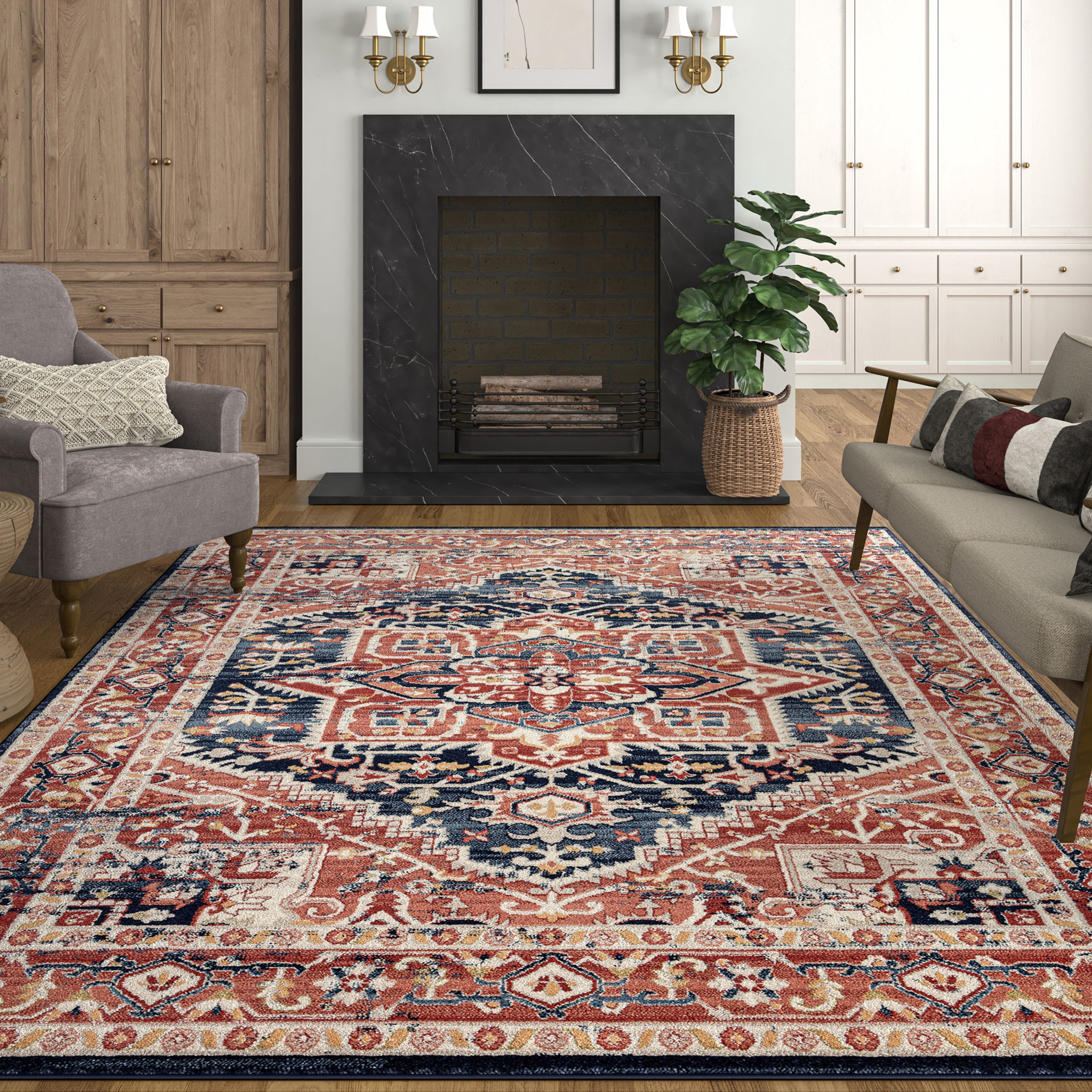 Traditional 8x10 Area Rug (7'11'' x 10'3'') Oriental Rust, Rust Living Room Easy to Clean