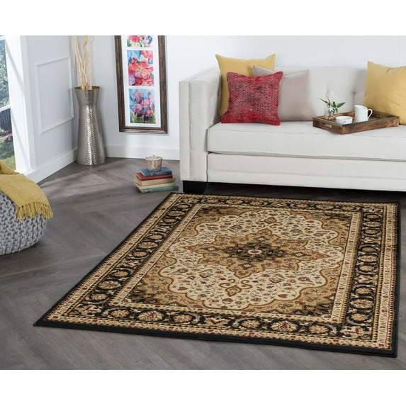Traditional 8x10 Area Rug (7'6'' x 9'10'') Oriental Ivory, Black Living Room Easy to Clean