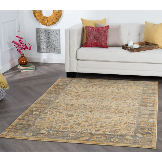 Traditional 8x10 Area Rug (7'6'' x 9'10'') Oriental Ivory, Gold Living Room Easy to Clean