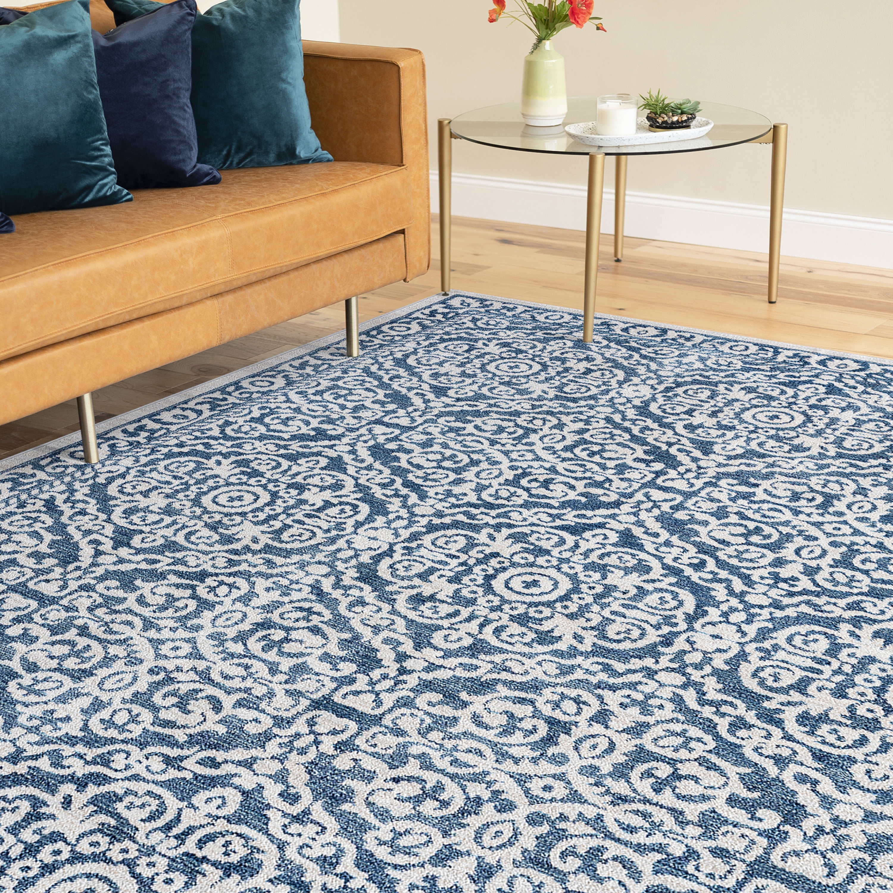 Traditional 9x12 Area Rug (8'10'' x 12'2'') Floral Blue, Cream Living Room Easy to Clean